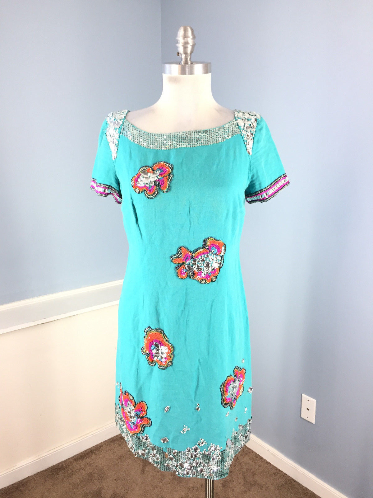French Connection S 6 8 Lyndsey Linen Turquoise Sequin Floral dress Embellished French Connection S 6 8 Lyndsey Linen Turquoise Sequin Floral dress Embellished