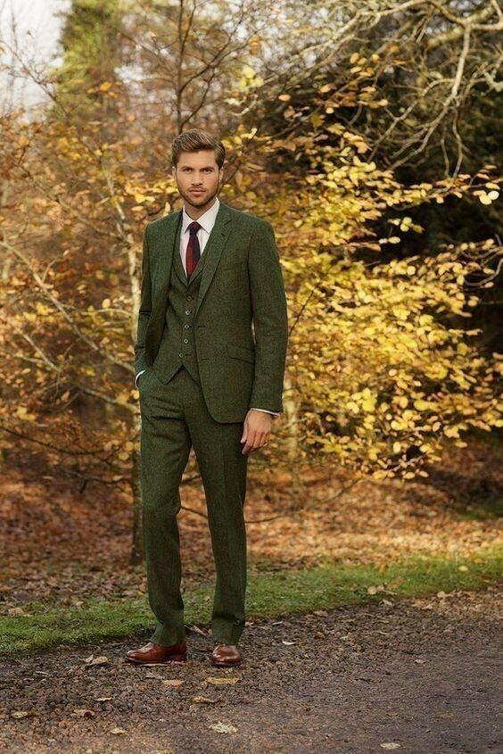 Men Olive Green Tweed Piece Notch Lapel Prom Groom Tuxedo Wedding Suit  Custom