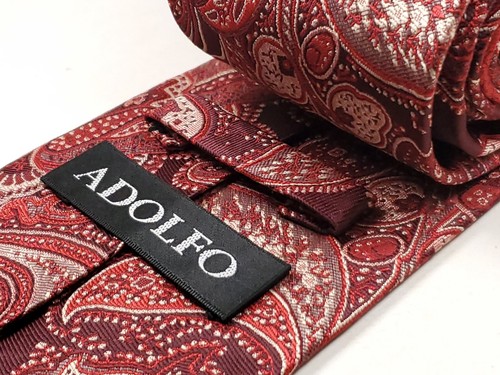 ADOLFO Cravatta Uomo Fatta a Mano Uomo Rosso Beige Paisley Cravatta NUOVA - Foto 3 di 3