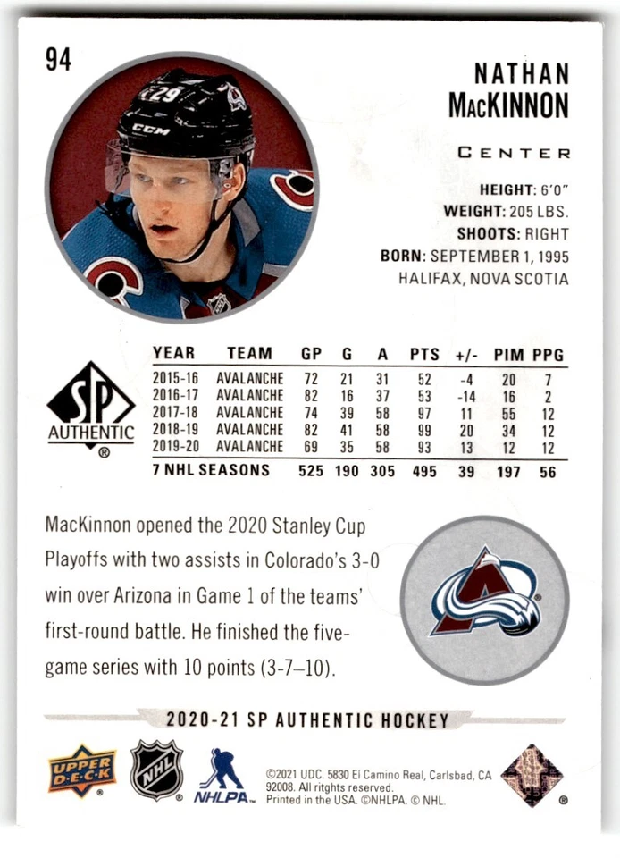 2020-21 SP Authentic Nathan MacKinnon #94 Colorado Avalanche - Image 2 of 2