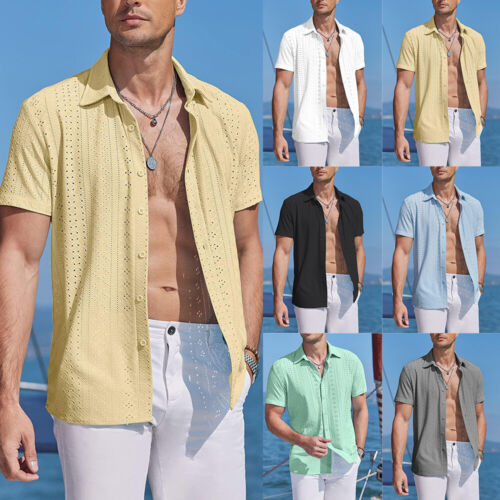 Men Short Sleeve Single Breasted Turn Down Collar Shirt Button Blouse Top Beach