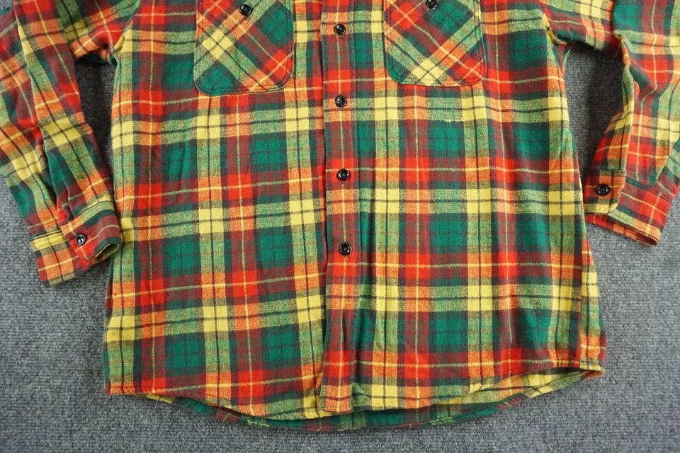Camisa ELY Hombre Talla 16 Amarillo Verde Franela a Cuadros Vintage Botón Frontal Occidental Foto 2 de 4