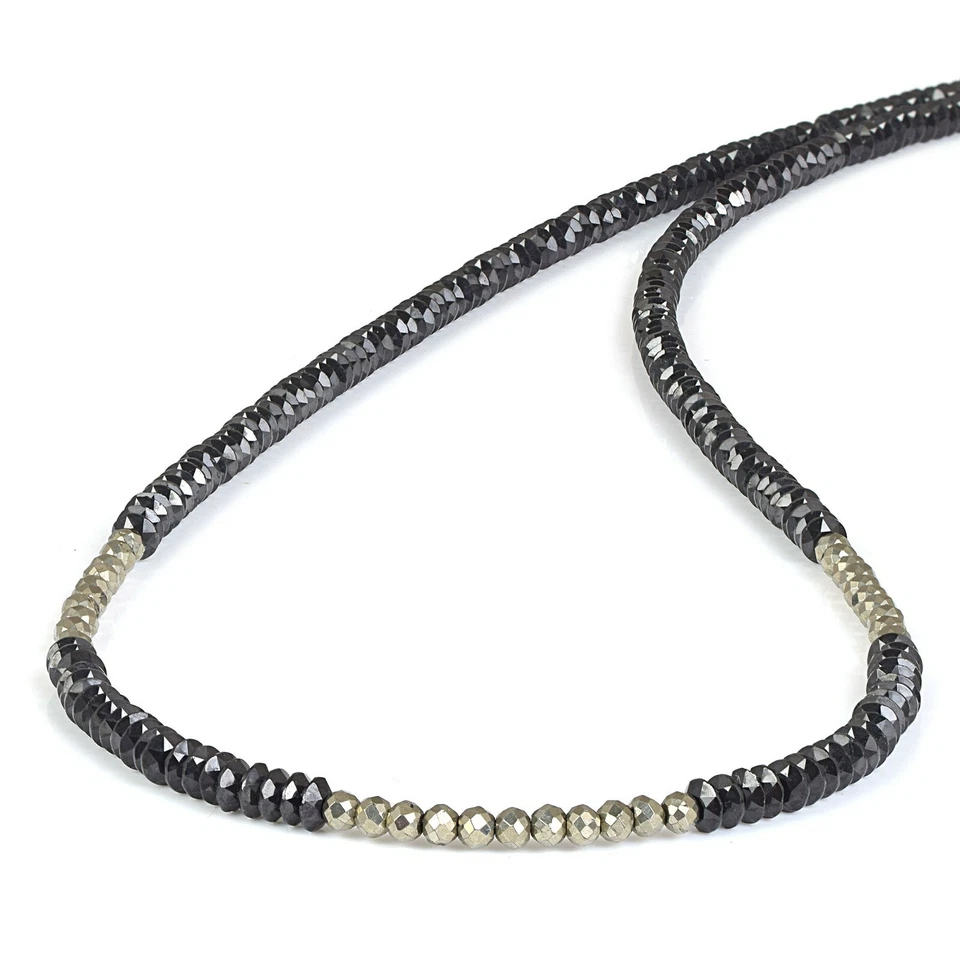 Nera Naturale Spinello & Argento Pirite Perline Catena 18 " Filo Fatto Collana - Immagine 3 di 4