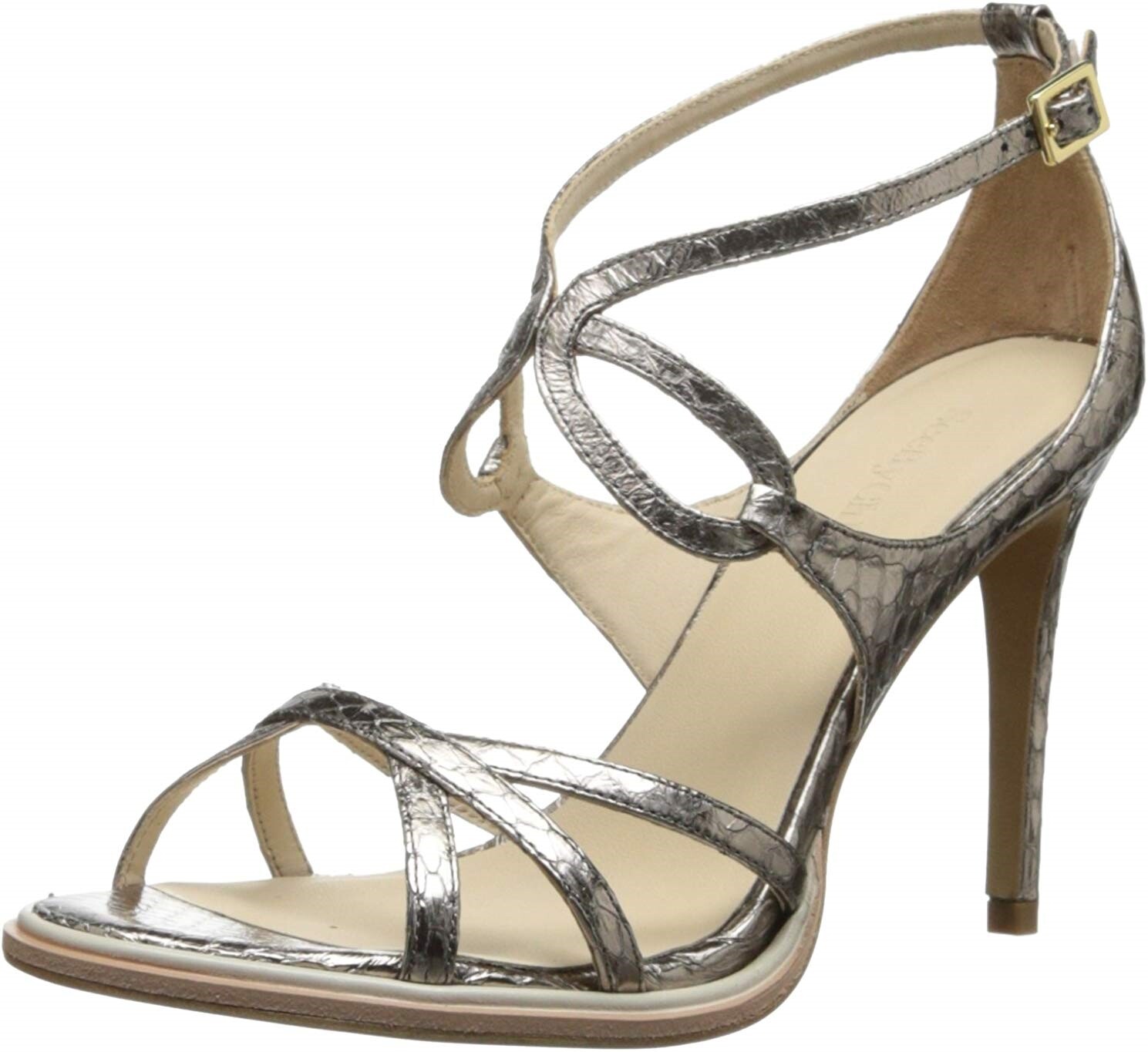 Womens SEE by CHLOE Pewter Snake Print Leather Looping Strap Dress Sandal Sz 36