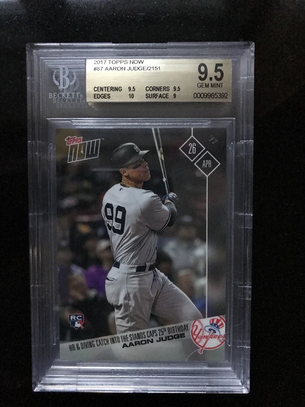 AARON JUDGE 2017 TOPPS NOW #87 BGS GRADED 9.5 GEM MINT -  HR AND DIVING CATCH