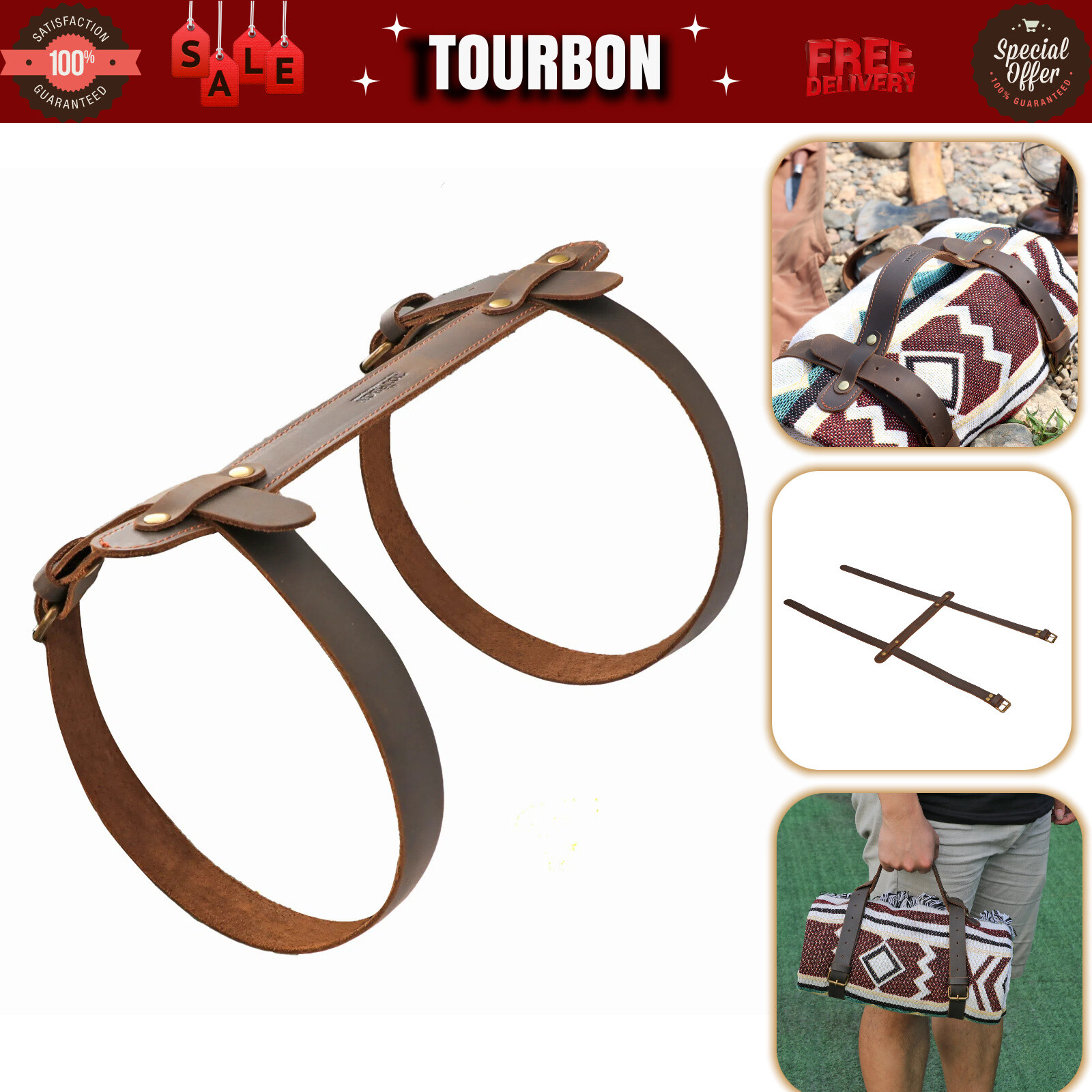 TOURBON Leather Picnic Blanket Carry Strap Camping Motorcycle Bedroll Belt Strap