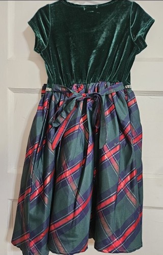 * NEW Green Red Plaid and Velvet TAHARI Short Sleeved Dress Girls Size 6 - Picture 6 of 7
