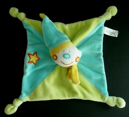 36. DOUDOU PLAT TIGEX LUTIN CLOWN VERT BLEU BLANC ETOILE JAUNE TTBE - Foto 1 di 4