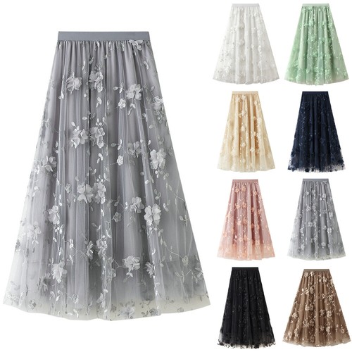 Womens Summer Ruffle Mesh Tulle Embroidery Skirts High Waist Long Party Dress UK