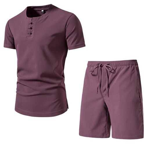 Men's Chinese Outfit Casual Short Sleeve Suit Style Solid Color Beach Shorts Set - Picture 2 of 22