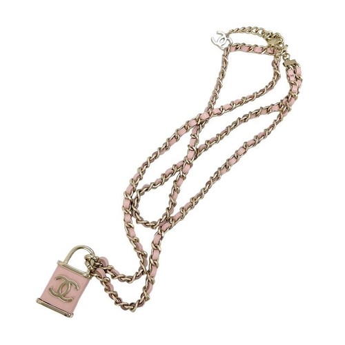 CHANEL Necklace Pendant Choker Pink Gold Coco Mark Padlock Double Chain Leather - Picture 4 of 9