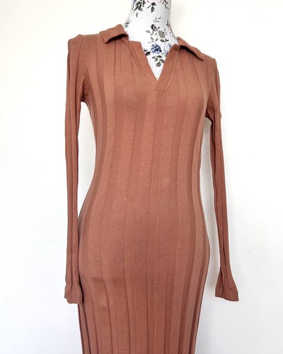Country Road Ribbed Collared Dress Size XS Tan Brown Long Sleeve Cotton Midi - Picture 5 of 8