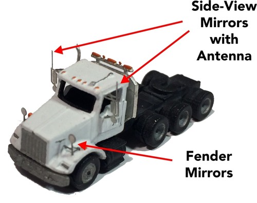 Z Scale Side View Mirrors with antenna and fender mirrors for model truck (4024) - Picture 2 of 4