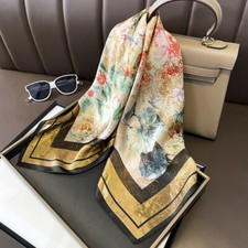 100 Pure Silk 27" Square Scarf Women Neckerchief Wrap Biege Golden Black Flower