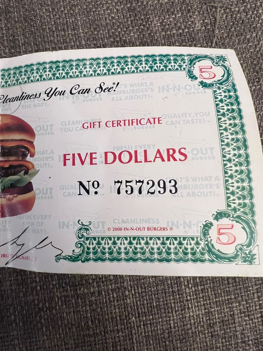 IN-N-OUT BURGER $5 Five Dollar Gift Certificate Collectible No