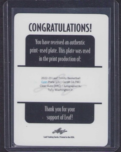 2023 Leaf Trinity Basketball Tyty Washington Jr. placa de impresión automática 1/1 - Imagen 2 de 2