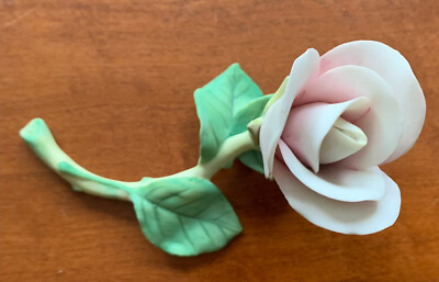 Vintage Porcelain Light Pink Rose Bud Green Leaves Enesco Taiwan figurine 3 tall