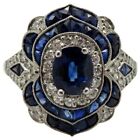 Lab-Created Diamond Engagement 925 Silver Ring Vintage Art Deco Oval Sapphire &