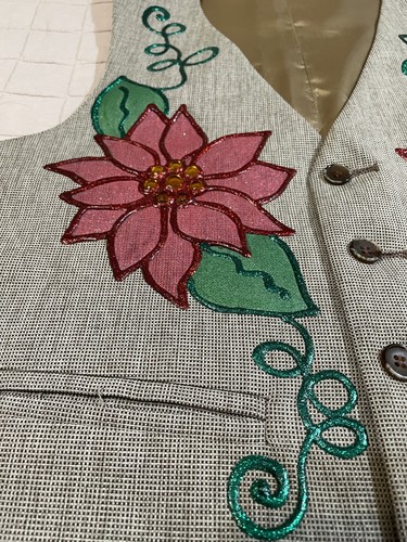 Vintage Weihnachtsstern Blumen handbemalt & mit Schmucksteinen besetzte Damenweste - Bild 3 von 14