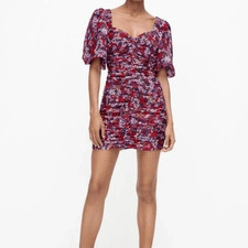 Zara Floral Puff Sleeve Ruched Bodycon dress Size Small