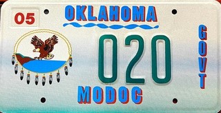 2005 Oklahoma Modoc Tribe Exempt Tribal License Plate # 020