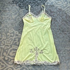 Vintage Nylon Satin  Lace Slip Nightgown Midi Yellow 38