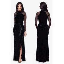 Betsy Adam Valentina Long Velvet Mesh Illusion Sleeve Dress Size 12 Black Gown