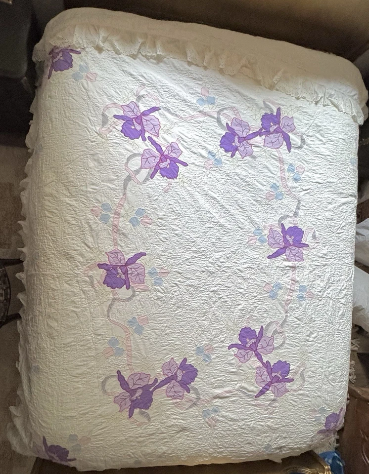 Винтажный хлопок Appliqué лоскутное одеяло 74 x 84 двойной отверстие кружева оборки фиолетовый ирис цветочный - Изображение 3 из 4