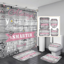 4 Pc Floral Shower Curtain Set with Rugs Hooks Bathroom Decor Deep Grey