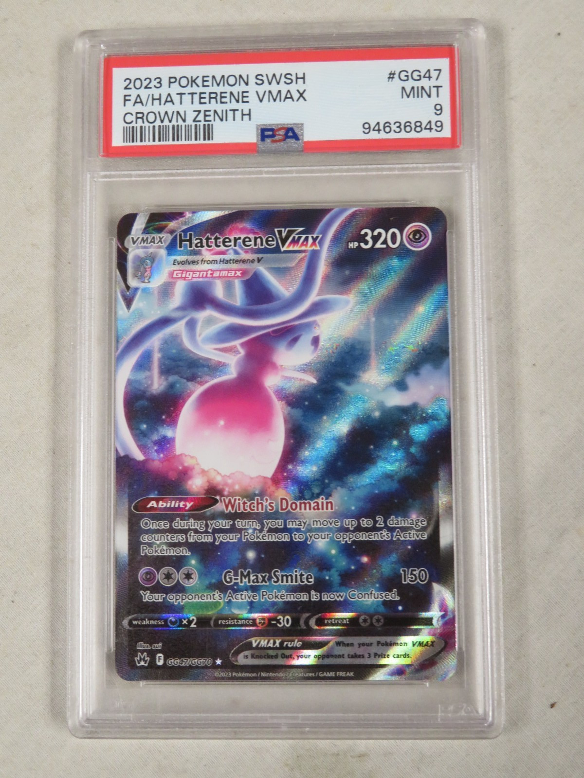 POKEMON 2023 Crown Zenith Full Art HATTERENE Vmax #GG47 PSA 9 Mint