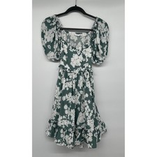 Altar'd State Green White Floral Smocked Puff Sleeve Cutout Back Mini Dress S