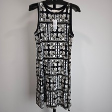 Loft Outlet Womens Black White Floral Tile Print Sleeveless Shift Dress S NEW