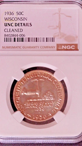 1936 Wisconsin Commemorative Half Dollar, NGC Graded Unc Details, Cleaned