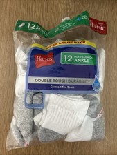 NEW Boys HANES Cushioned White Ankle Socks: Size Small 4.5-8.5 12 Pairs 