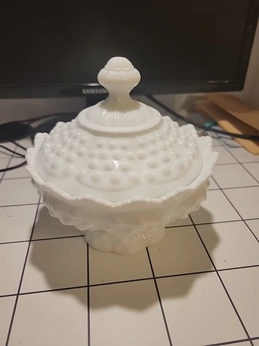 VTG Fenton Hobnail Milk Glass Lidded Short Candy Dish Pedestal 1970s