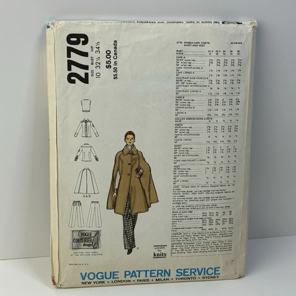 Cape Pants Shirt Vest Size 10 UNCUT Pattern 2779 Vintage Galitzine Couturier - Image 2 of 2