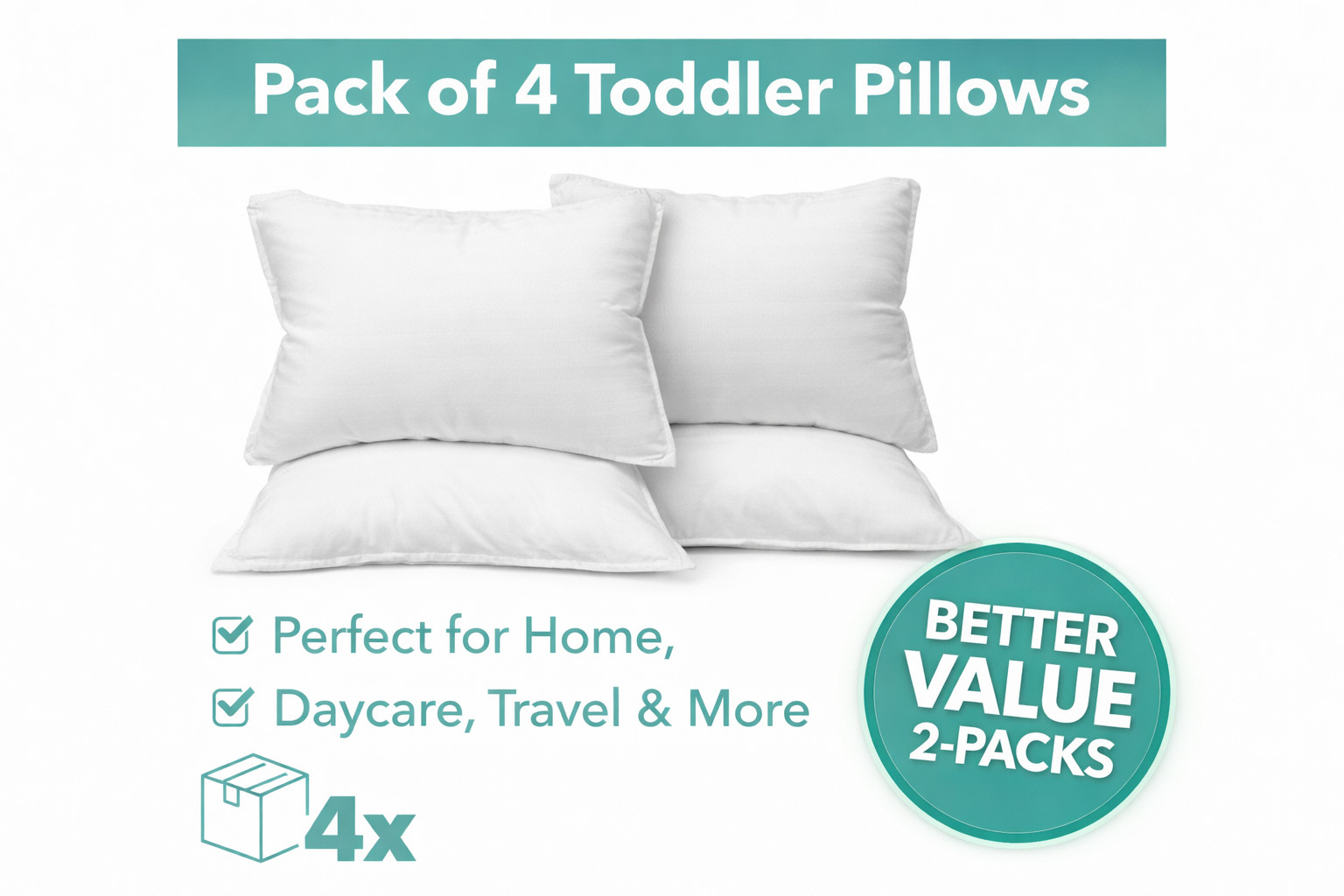 4 Toddler Pillows 13x18 Kinder Fluff – Soft Cotton Kids Bed Daycare Nap Pack