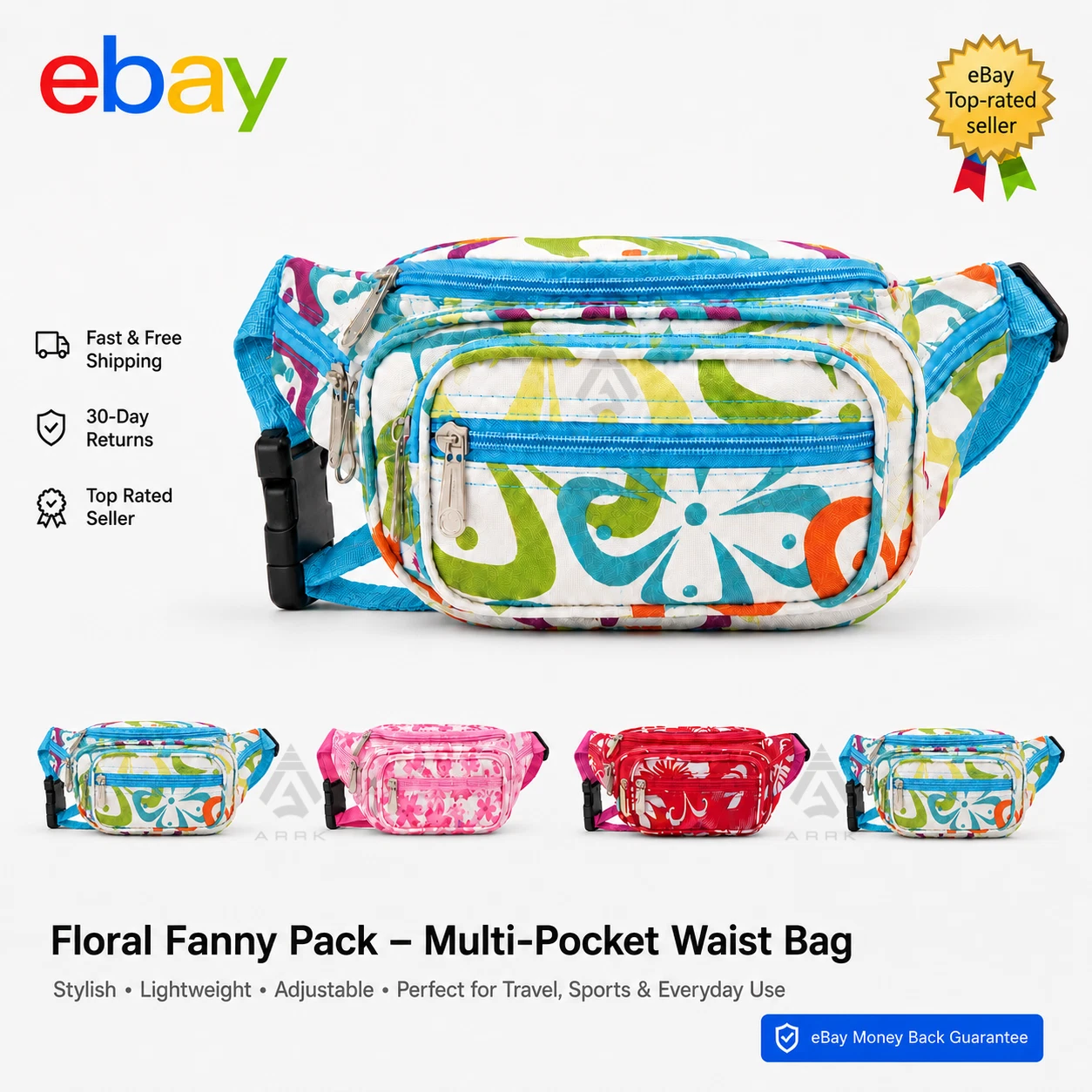 Colourful floral multi-pocket bum bag front view
