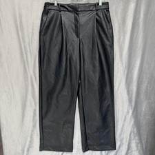 H M Pants Womens 12 Black Faux Leather Straight Leg High Rise Dressy Trousers