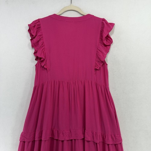 Entro Dress Women M Pink Midi Tiered Ruffle Sleeve V-Neck Lined Boho D19611 - Picture 5 of 12
