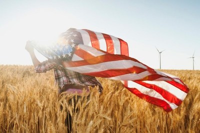 Girl Running with American Flag in Wheat Field Photo Photograph Poster 36x24