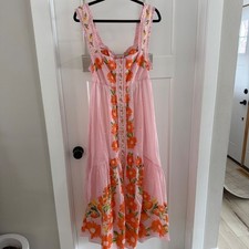 NWT M FARM Rio Papaya Salad Maxi Dress Pink Orange Floral Ruffle Bow Tie Back