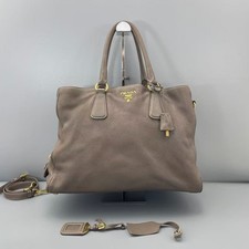 Authentic Prada Vitello Daino taupe leather tote bag with shoulder strap