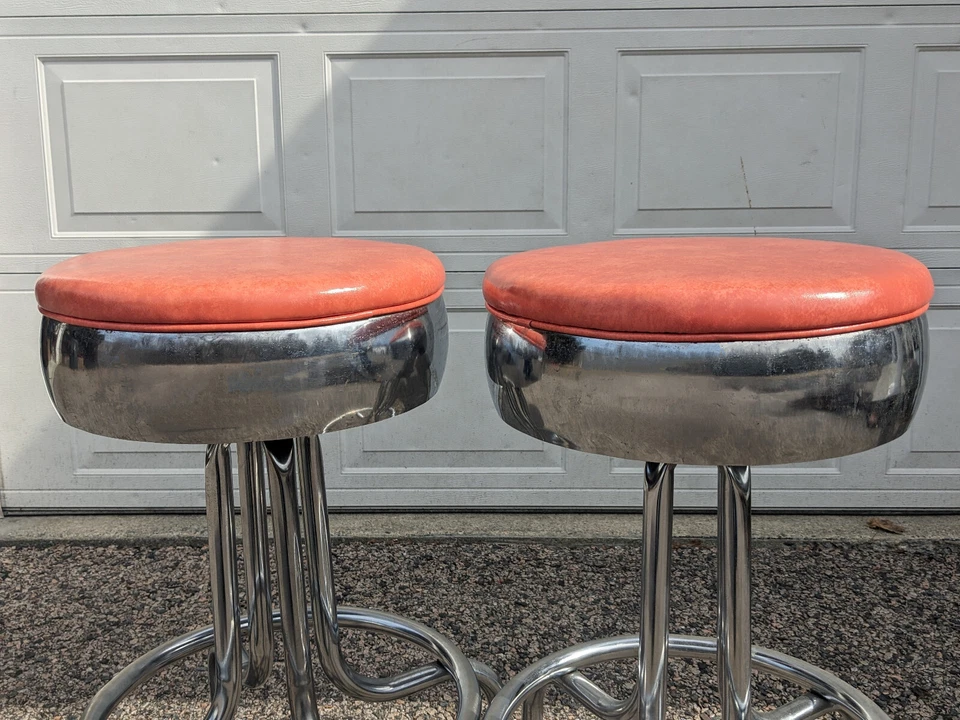 Pair of Vintage 1950s Vitro Bubble Chrome & Orange Vinyl Diner Swivel Stools - Image 2 of 4