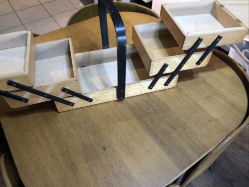 Vintage Wooden 3 Tier Cantilever Sewing Box Basket- Mid Century Design - Picture 6 of 9
