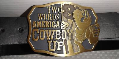 Two Words America Cowboy Up Belt Buckle  and Belt Montana Silversmiths Sz: 28-30