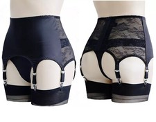 S-3XL Women Shiny Satin Sheer Lace Garter Belt W 6 Straps Patchwork Waist Girdle