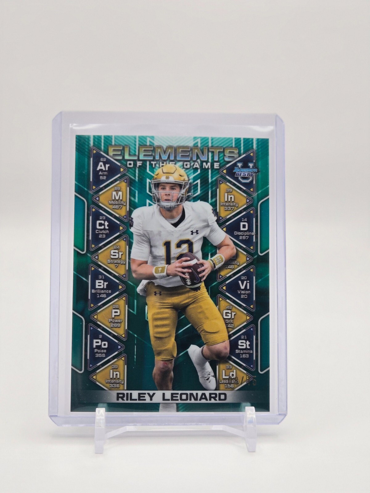 Riley Leonard 2024 Bowman Best U Elements Teal Refractor 8/15 #EG-18, Notre Dame