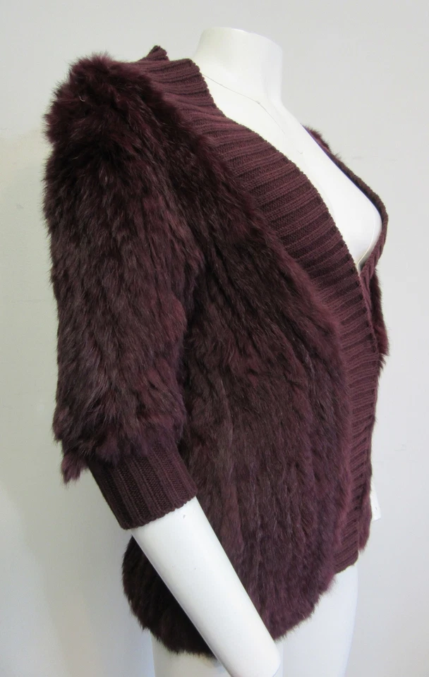 LOVE TOKEN Vino Piel de Conejo Tejido Sin Cuello Manga 3/4 Cárdigan Suéter Talla XS Foto 3 de 4