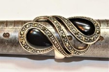 Stempel 925 Thailand Sterling Silber Markasit Schwarzer Onyx Oval Ring Größe 7.5